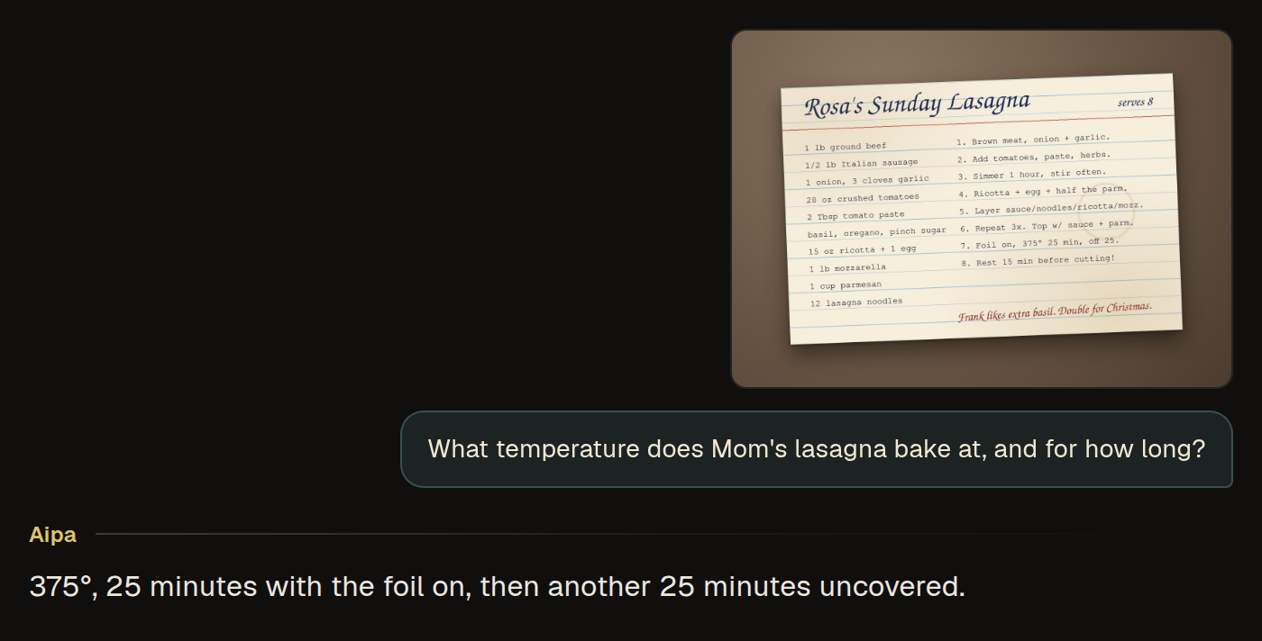 A conversation in Aipa. The user sends a photo of a recipe card and asks about it, and Aipa answers from the photo.